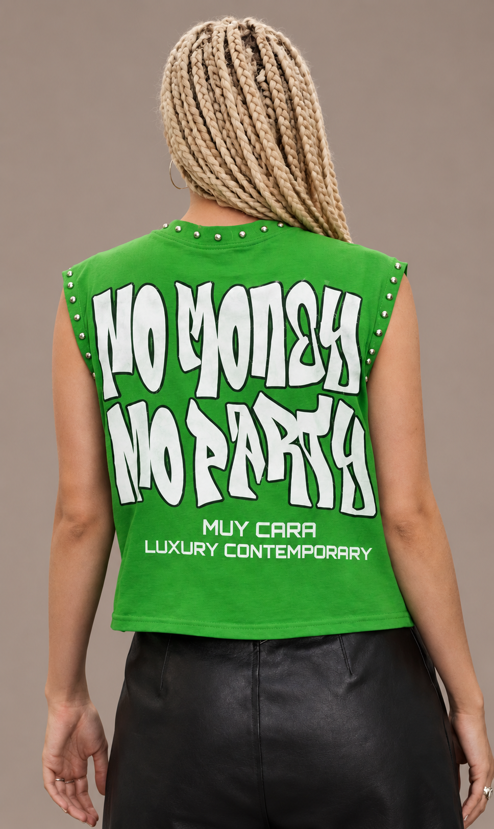 Muy Cara “No Money No Party” Unisex Cropped Boxy Sleeveless Tee – Green