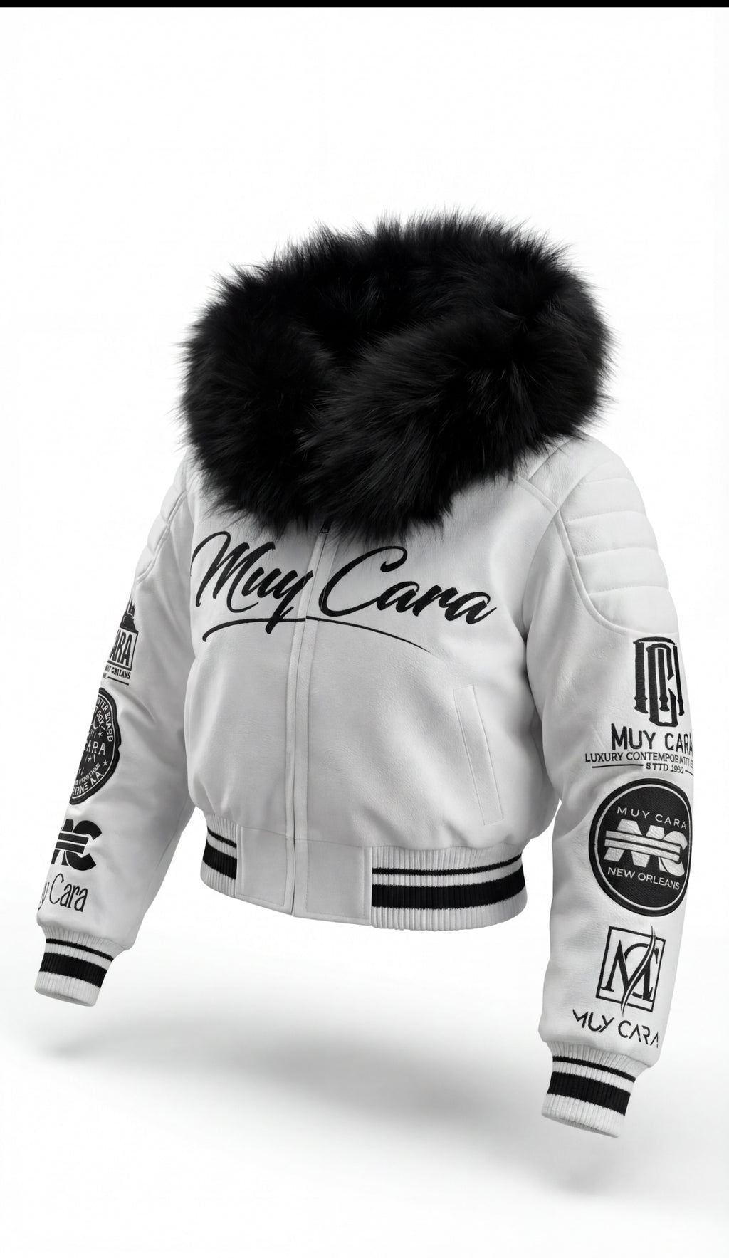 White jacket with black fur hood and visible branding on a white background