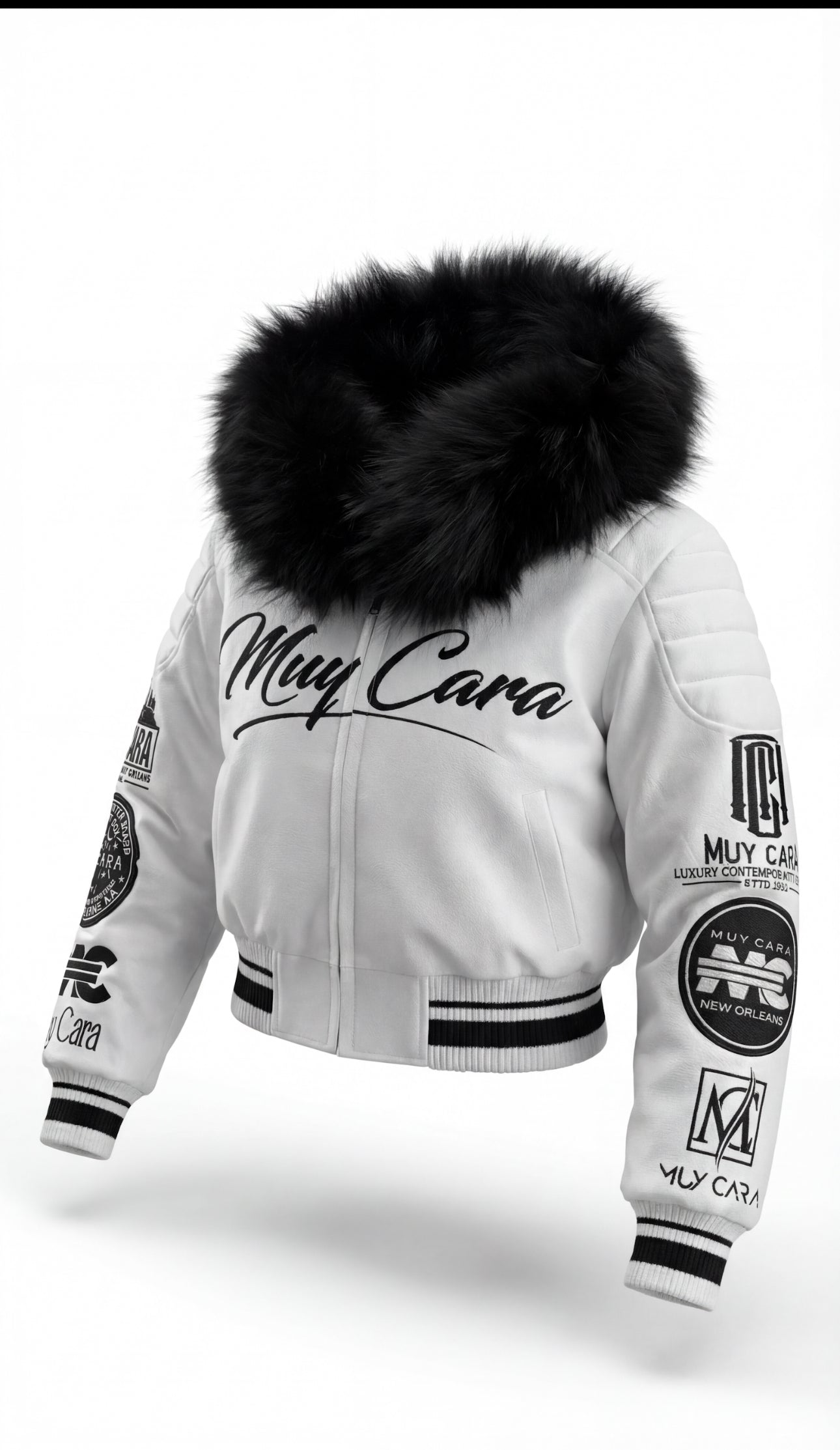 White jacket with black fur hood and visible branding on a white background