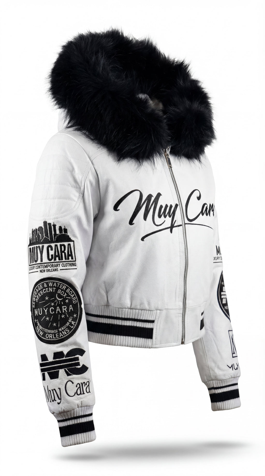 White jacket with black fur hood and visible branding on a white background
