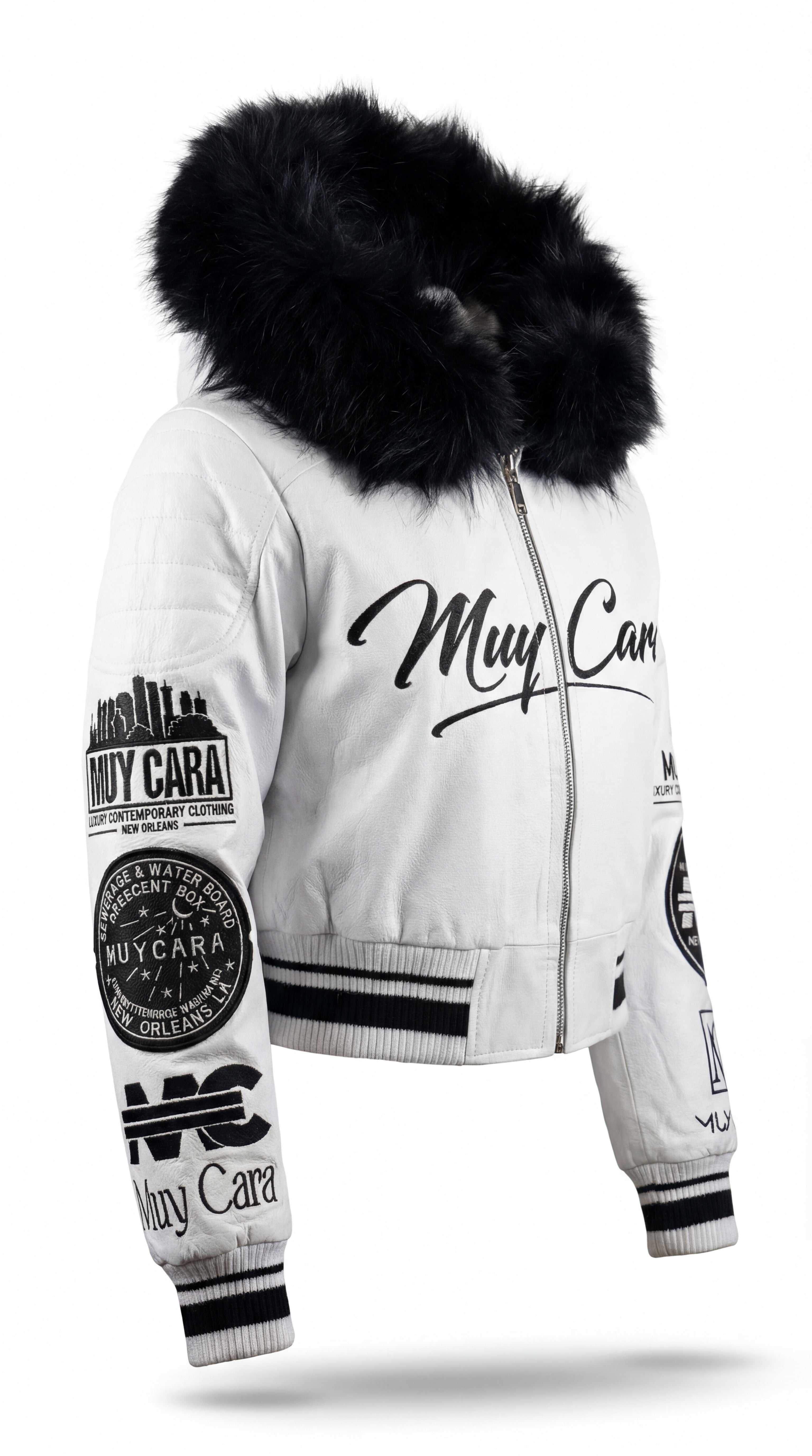 White jacket with black fur hood and visible branding on a white background