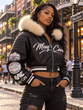 Black Women’s 100% Leather Crop Top Fur Hoody 1 of 1