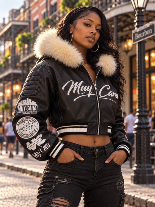 Black Women’s 100% Leather Crop Top Fur Hoody 1 of 1