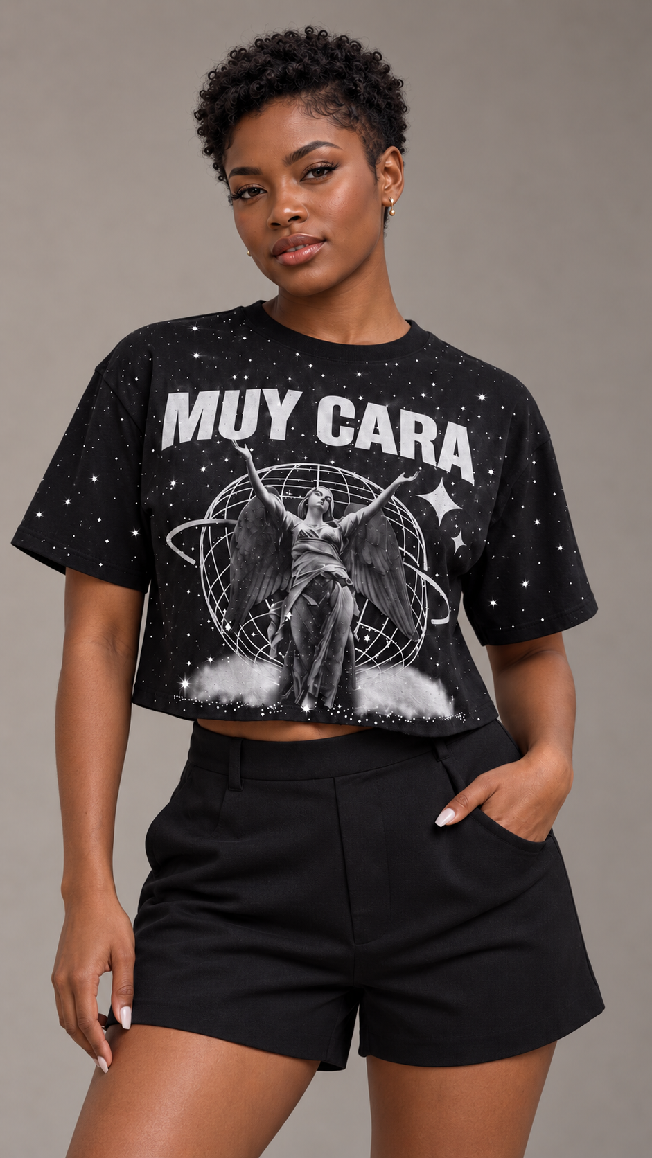 Muy Cara Angel Galaxy Crop Top – Women’s Luxury Streetwear Graphic Tee, Designer Black Crop Shirt