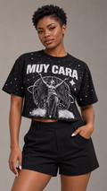 Muy Cara Angel Galaxy Crop Top – Women’s Luxury Streetwear Graphic Tee, Designer Black Crop Shirt