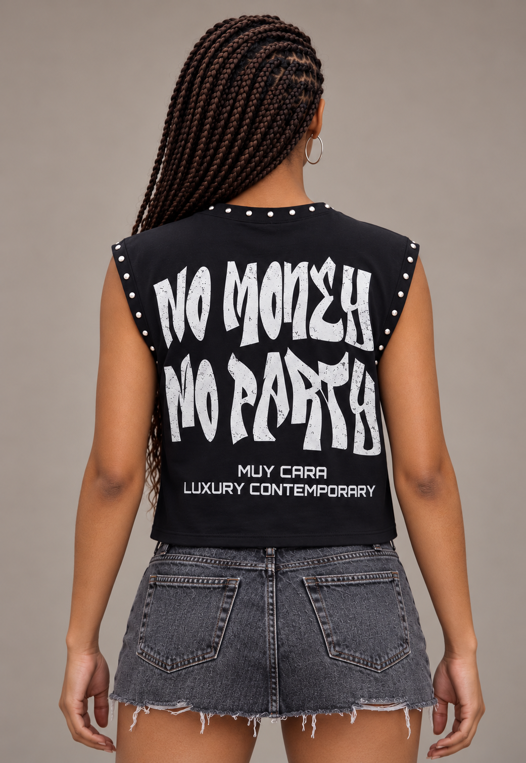 Muy Cara “No Money No Party” Unisex Cropped Boxy Sleeveless Tee – Black