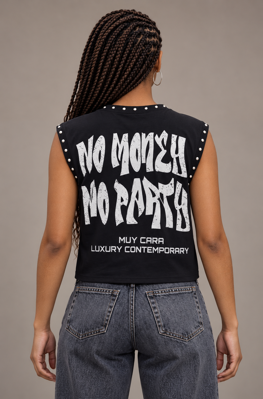 Muy Cara “No Money No Party” Unisex Cropped Boxy Sleeveless Tee – Black