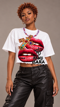 Muy Cara Women’s Oversized Bold Lips Graphic Tee – Luxury Streetwear Crop with Distressed Statement Detail