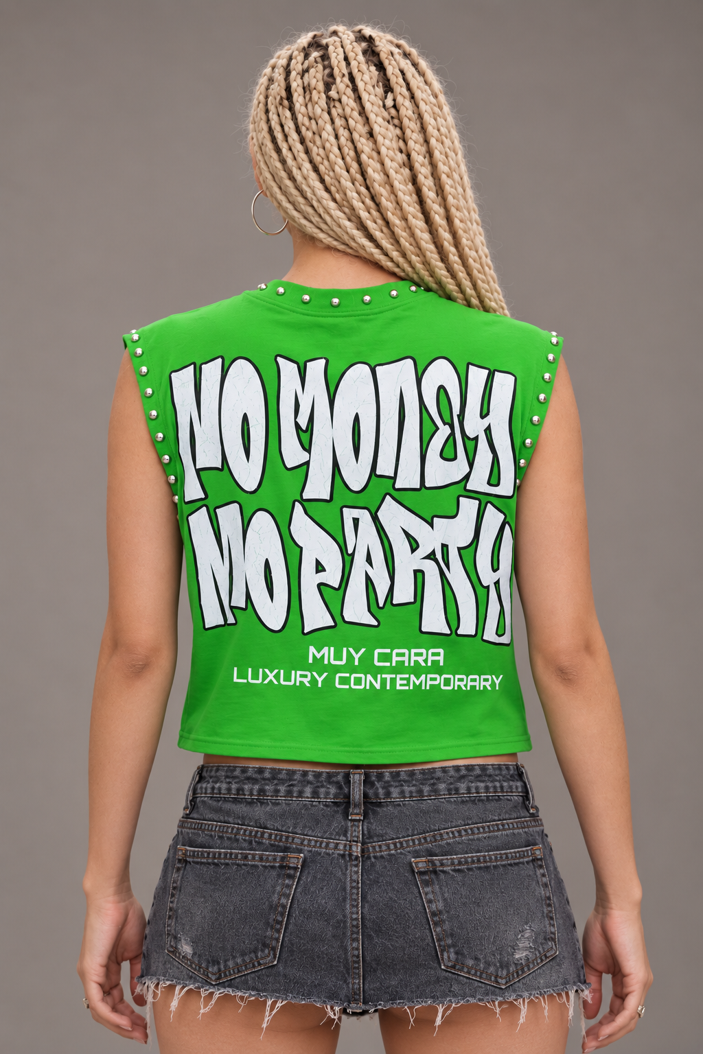 Muy Cara “No Money No Party” Unisex Cropped Boxy Sleeveless Tee – Green