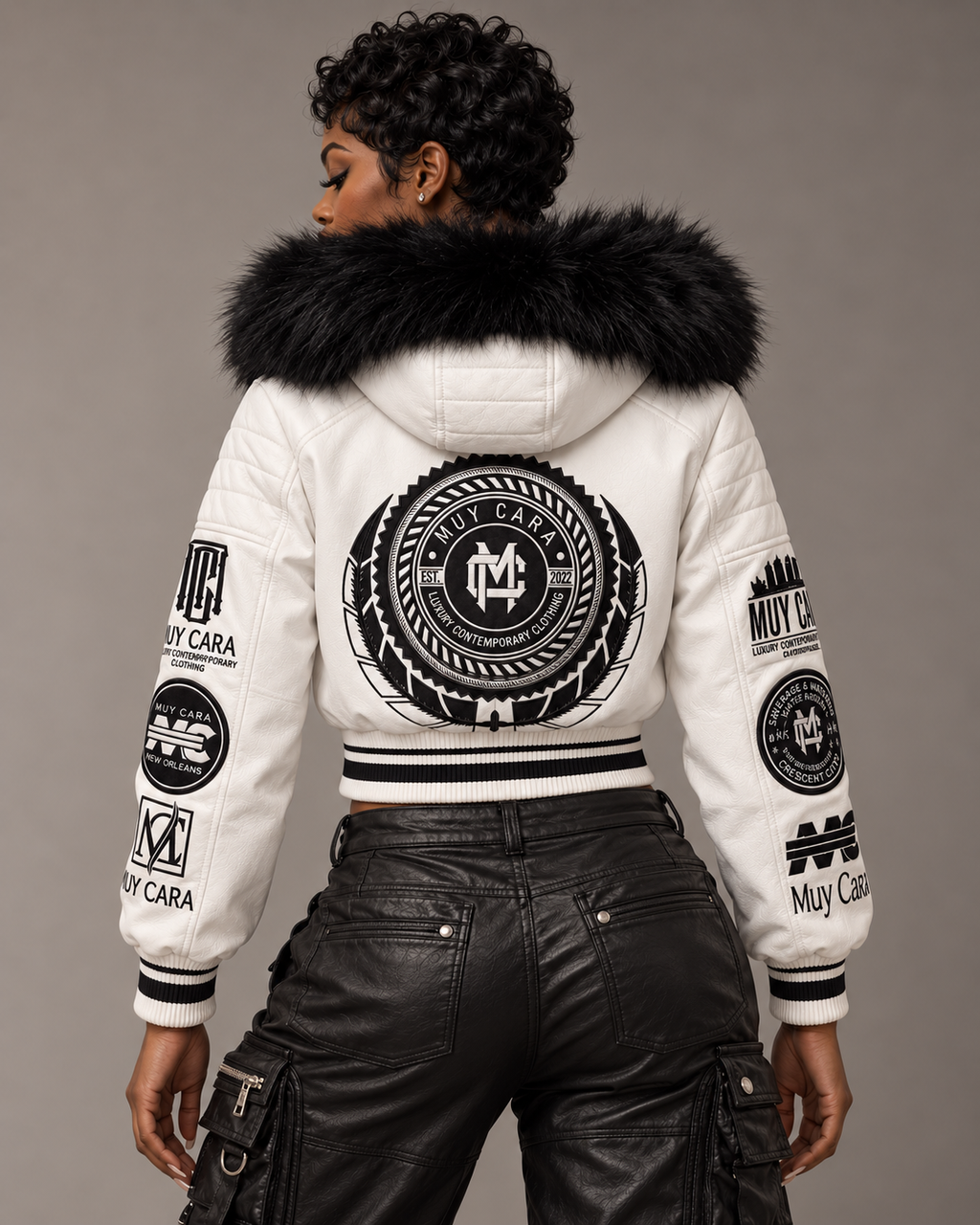 Muy Cara Women’s 100% Leather Crop Top Fur Hoody