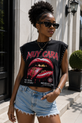 Muy Cara Luxury Lips Graphic Crop Top – Rhinestone Streetwear Shirt, Designer Women’s Urban Fashion Tee