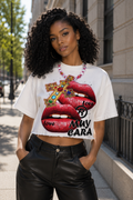 Muy Cara Women’s Oversized Bold Lips Graphic Tee – Luxury Streetwear Crop with Distressed Statement Detail