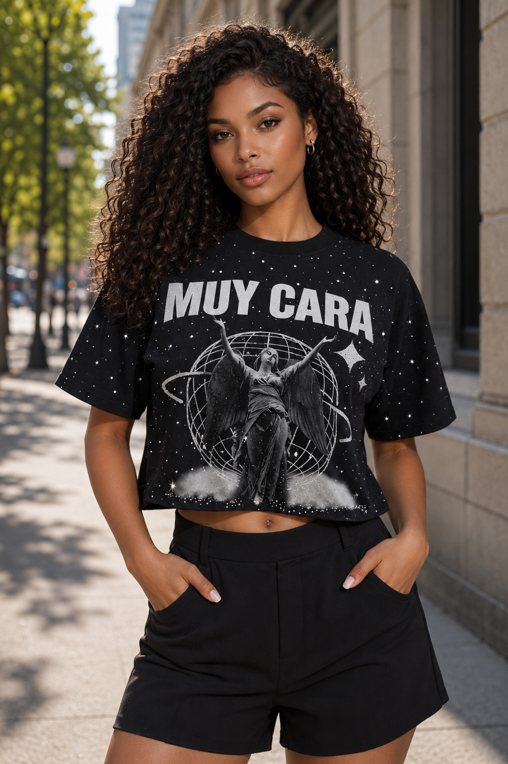 Muy Cara Angel Galaxy Crop Top – Women’s Luxury Streetwear Graphic Tee, Designer Black Crop Shirt
