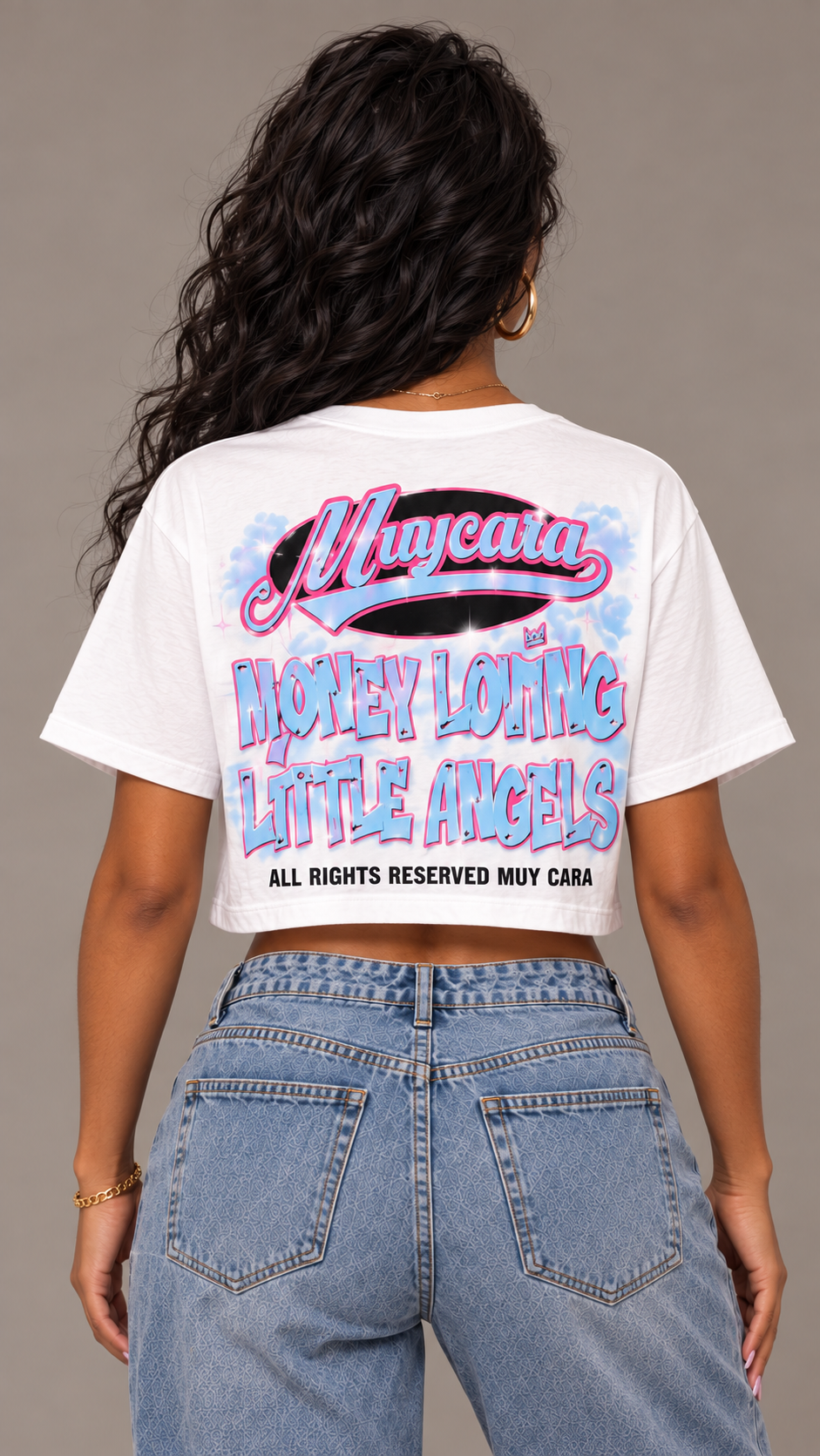 Muy Cara “Money Loving Little Angels” Luxury Graphic Crop Tee – Women’s Premium Streetwear