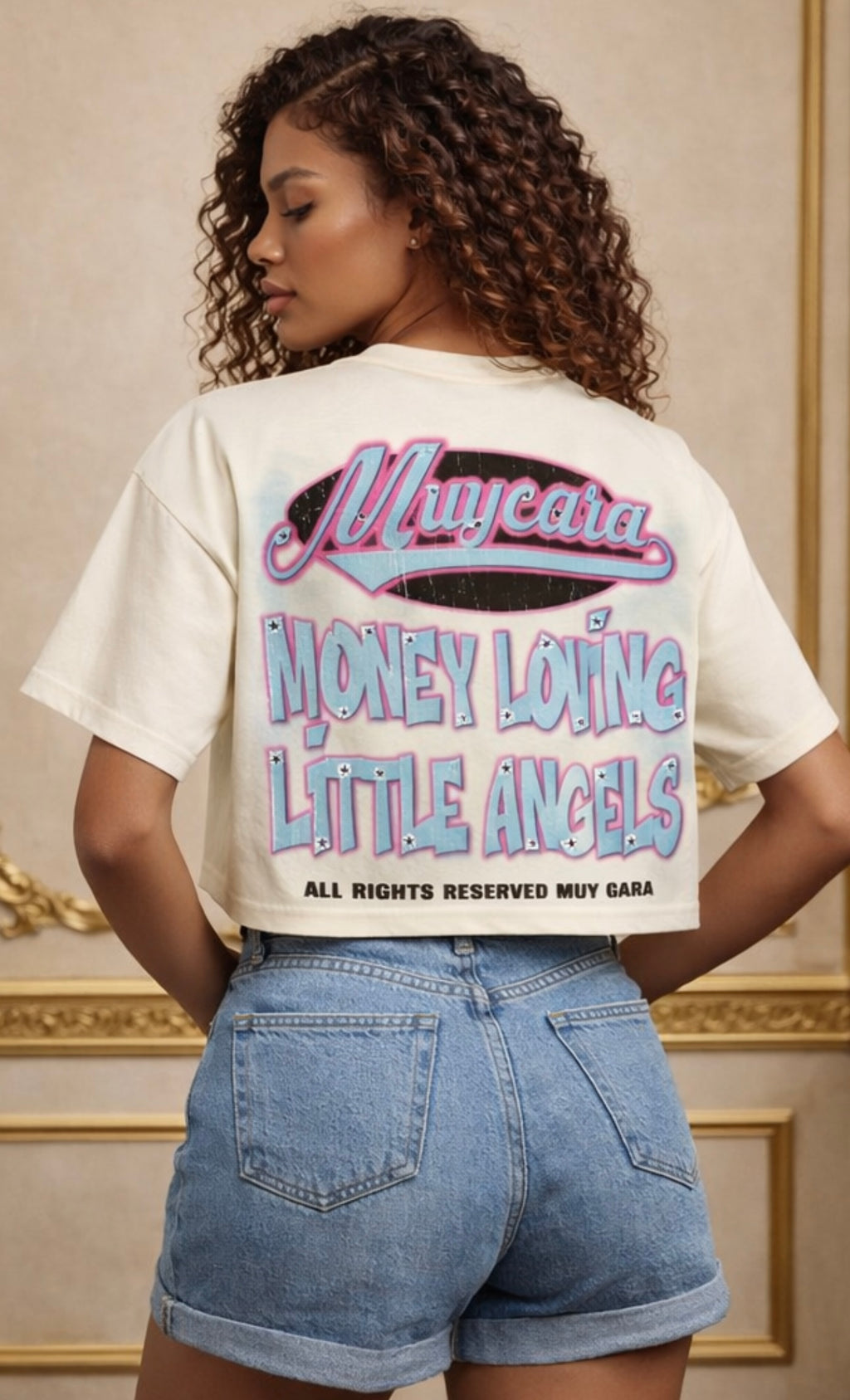 Muy Cara “Money Loving Little Angels” Luxury Graphic Crop Tee – Women’s Premium Streetwear