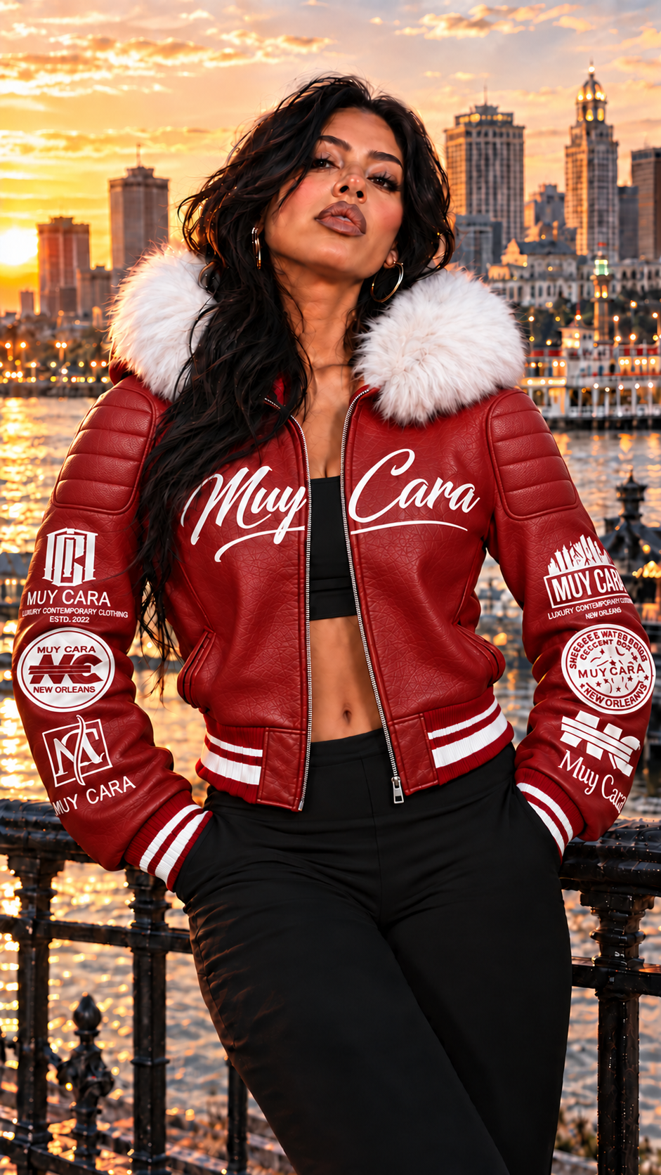 Red Women’s 100% Leather Crop Top Fur Hoody 1 of 1