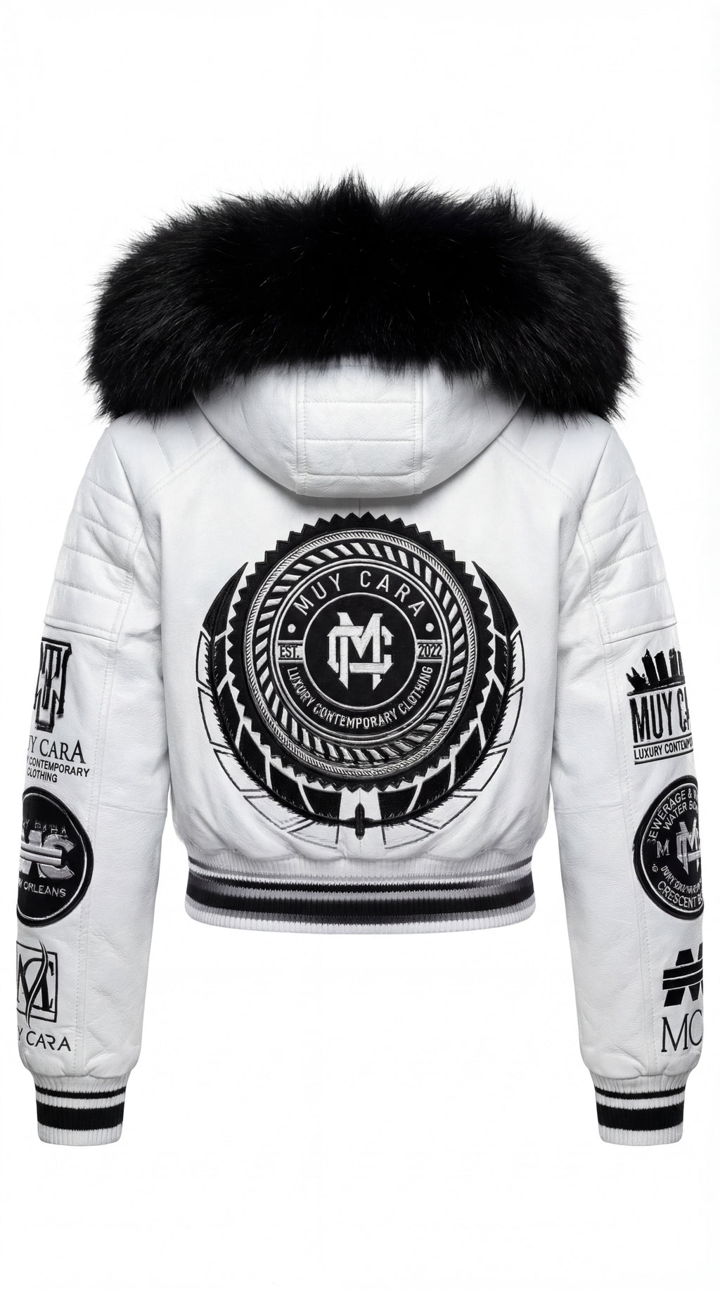 White jacket with black fur hood and multiple logos on a white background