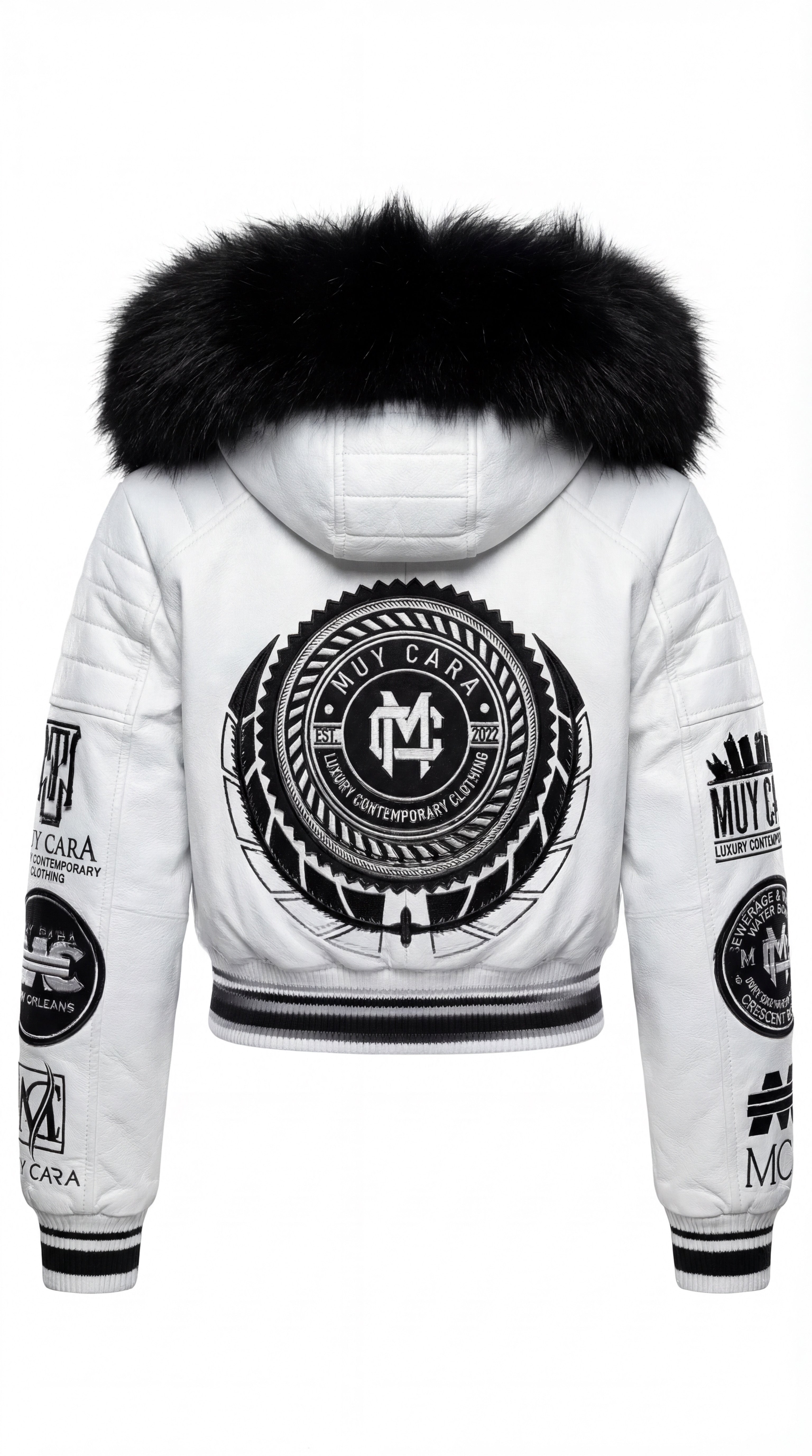 White jacket with black fur hood and multiple logos on a white background