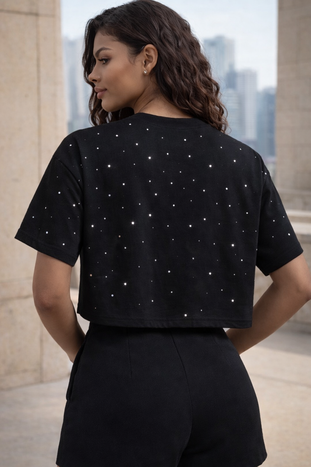 Muy Cara Angel Galaxy Crop Top – Women’s Luxury Streetwear Graphic Tee, Designer Black Crop Shirt