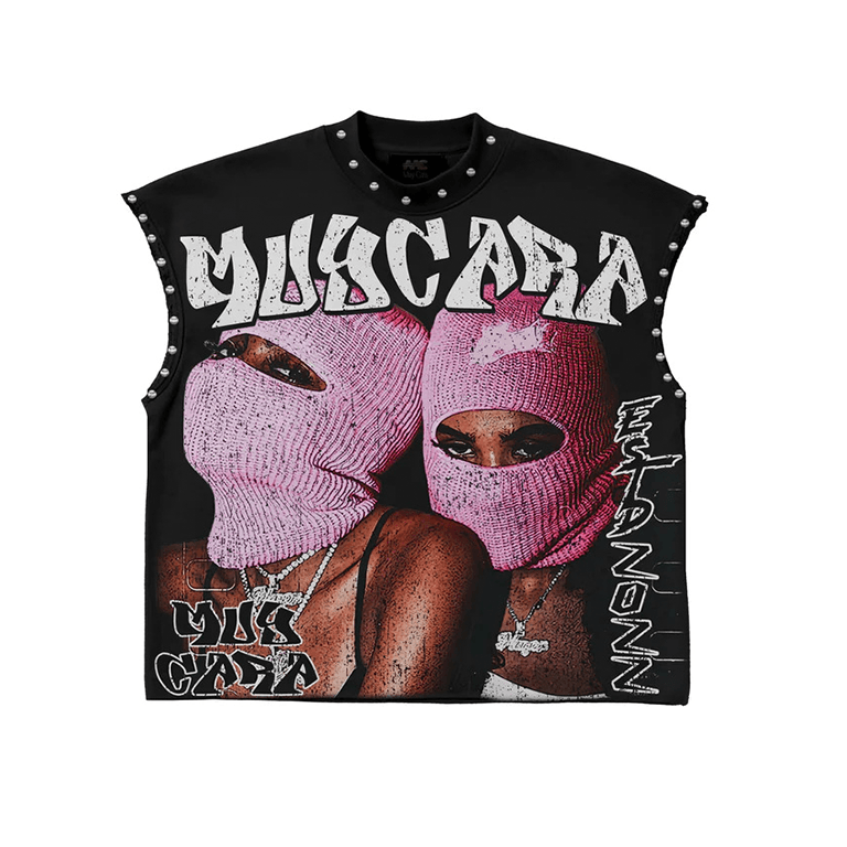 Black sleeveless shirt with graphic design of two faces wearing pink masks and text on a white background